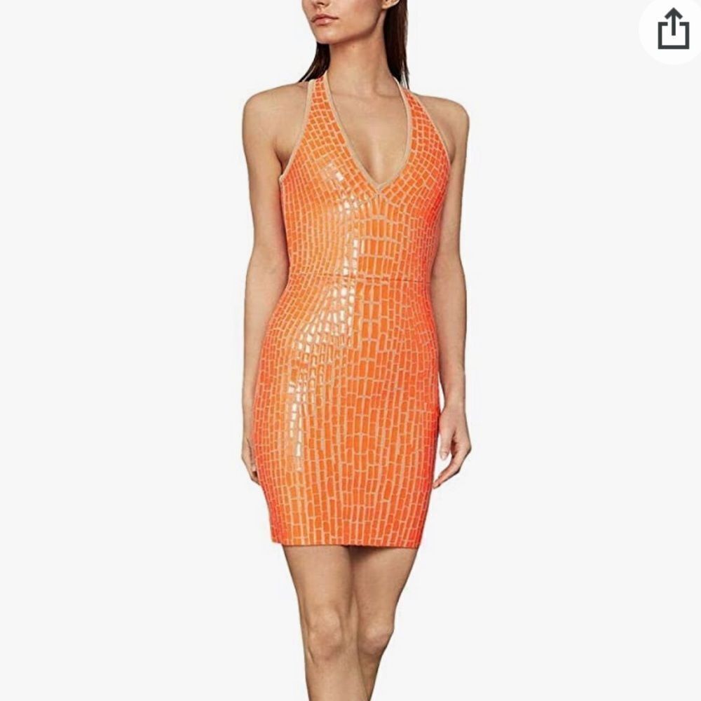 BCBGMAXAZRIA Sleeveless V-Neck Textured Sweater Bodycon Mini Dress Papaya M